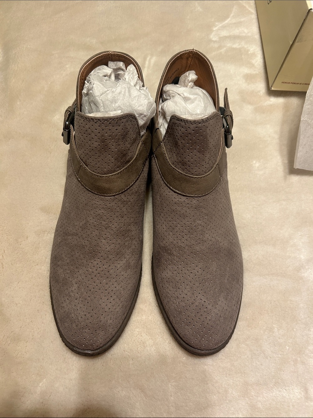Women's Perforated Suede Ankle Booties with Buckle - Taupe